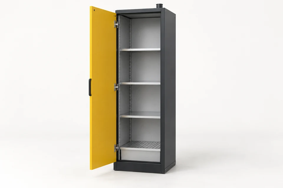 Illustration générée d’une armoire haute étroite, porte jaune ouverte, trois étagères et caillebotis inférieur
