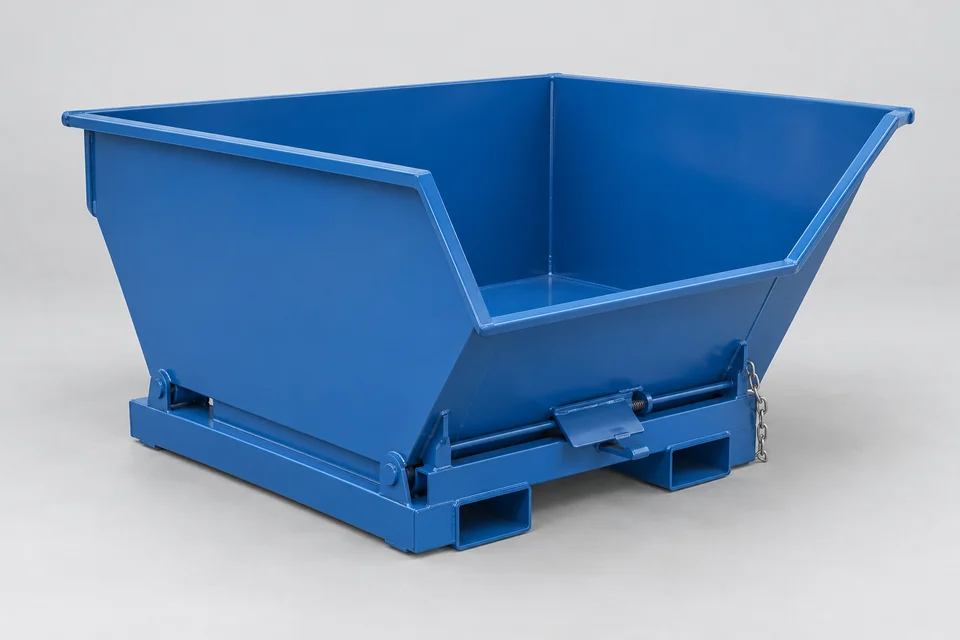 Illustration générée par IA d’une benne auto-basculante de type 1 500 L en acier bleu, sans roues