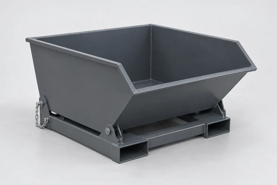 Illustration générée par IA d’une benne auto-basculante de type 500 L en acier peint, sur socle sans roues