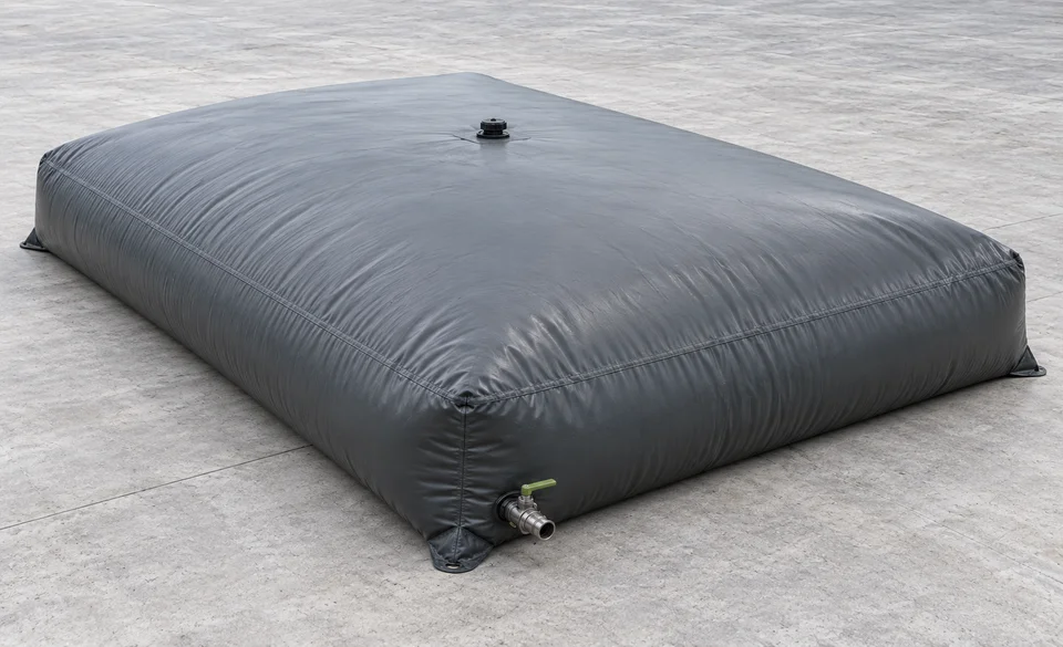 Visuel généré d’une citerne souple 120 m³, proportions inspirées du gabarit 8,88 × 11,70 m