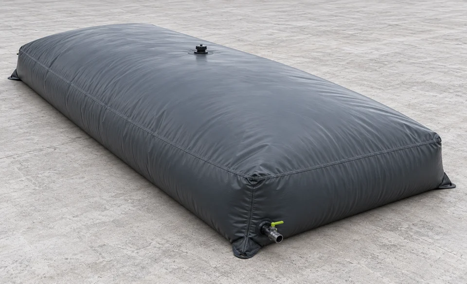 Visuel généré d’une citerne souple 10 m³, proportions inspirées du gabarit 2,96 × 6,20 m