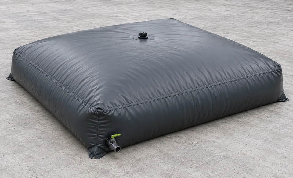 Visuel généré d’une citerne souple 30 m³, proportions inspirées du gabarit 5,92 × 6,30 m