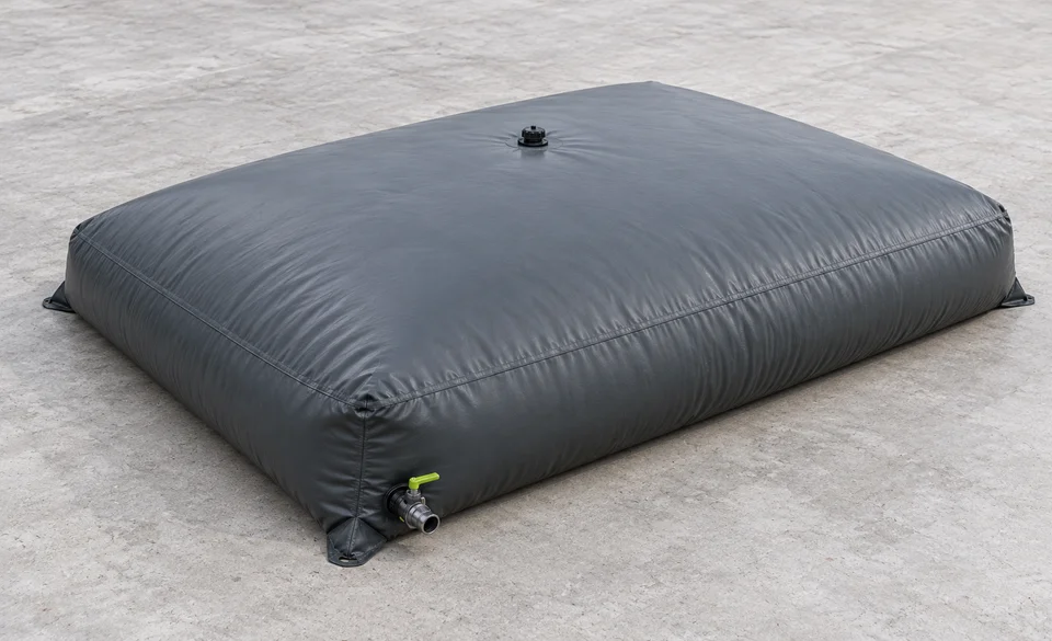 Visuel généré d’une citerne souple 5 m³, proportions inspirées du gabarit 2,96 × 3,90 m