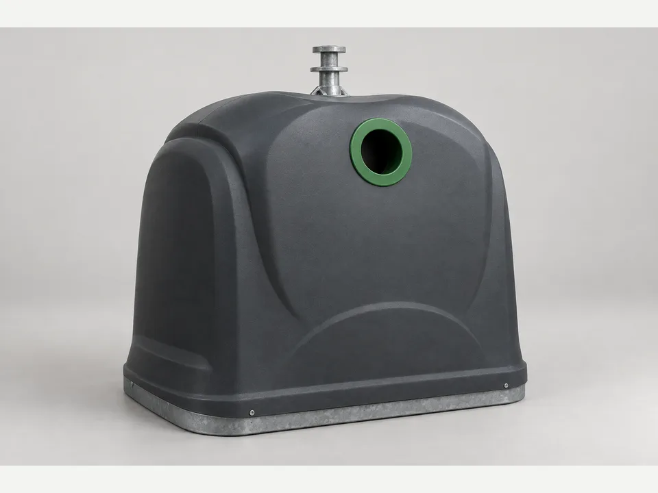Illustration générée par IA d’une colonne aérienne de collecte du verre en plastique anthracite, avec ouverture verre ronde bordée de vert, tête de type Kinshofer à disques. Format illustré : 4 m³.