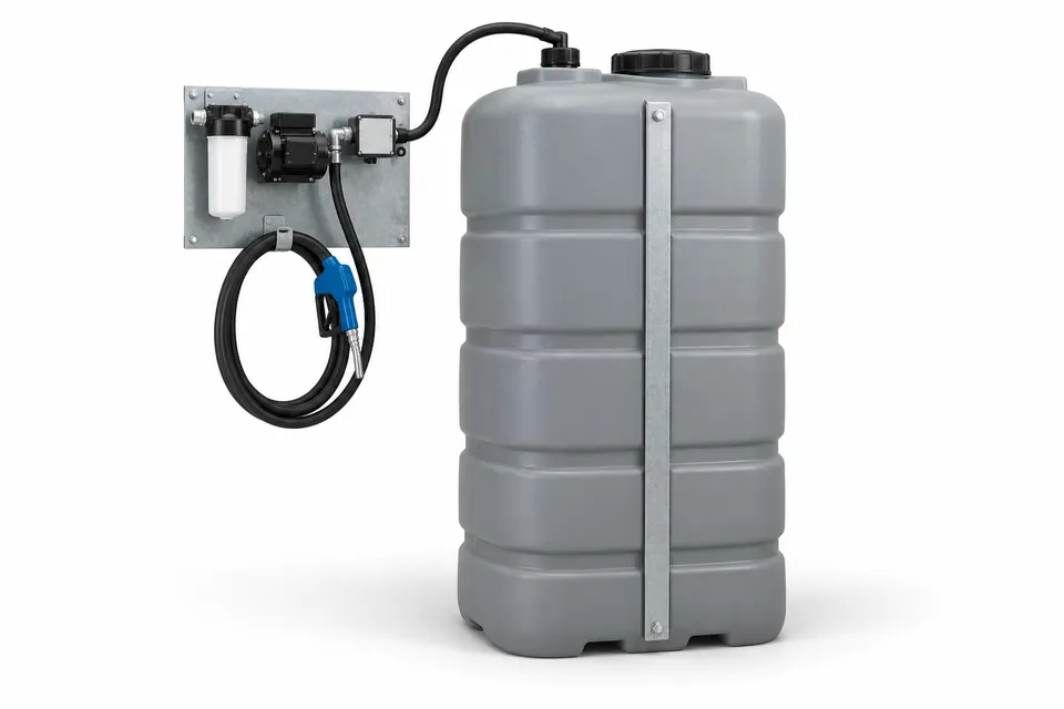 Illustration générée d’une cuve grise avec renfort et platine de distribution séparée